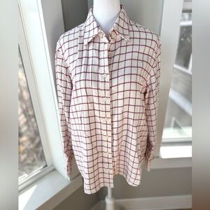 Land’s End Fuschia Cream Windowpane Plaid Flannel Button Down Shirt Size Medium